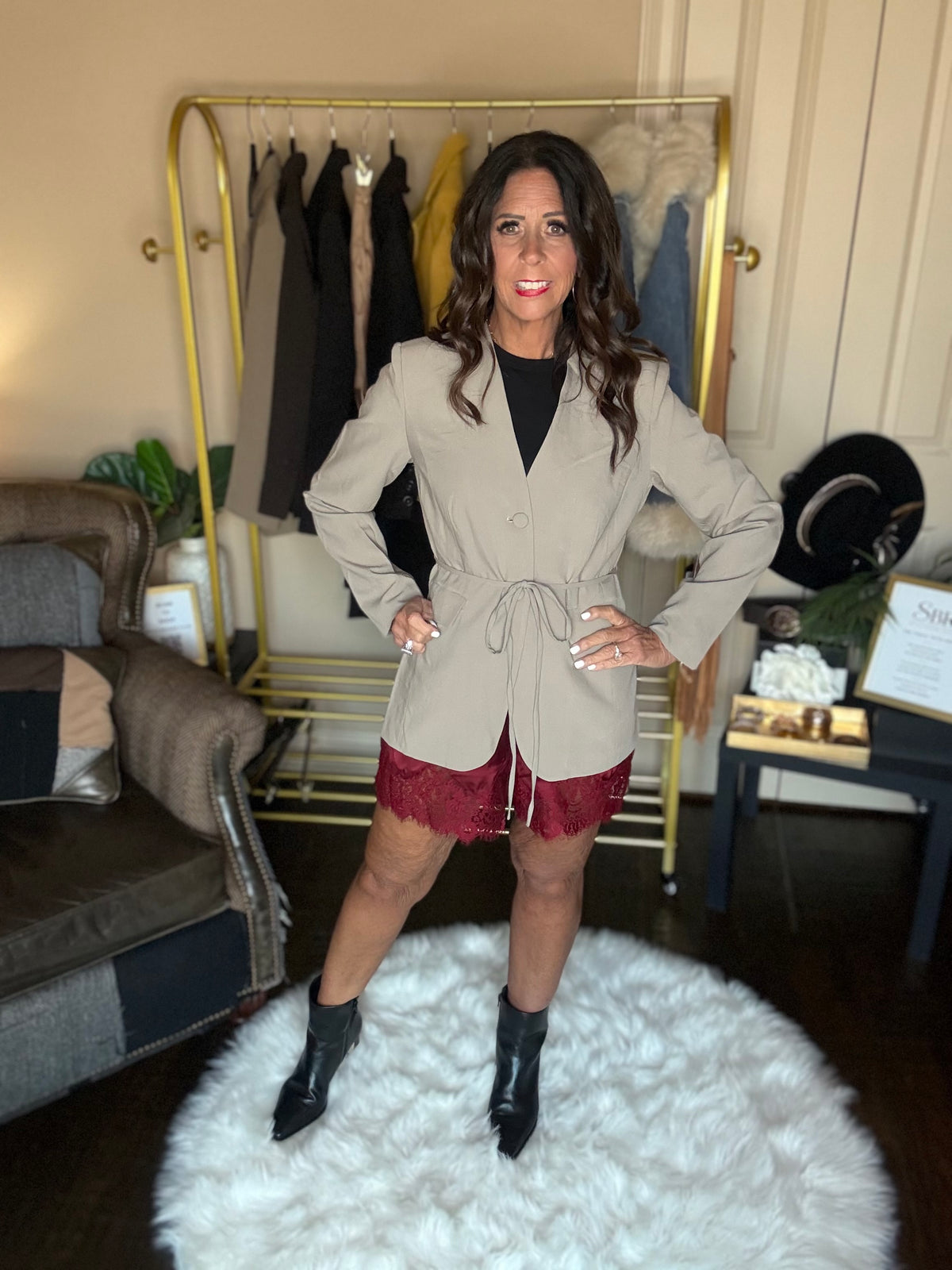 Front view of the taupe Perfect Layer Lightweight Tie Blazer with burgundy lace-trim shorts and black ankle boots.
