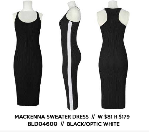 Black sweater dress with white stripe on a mannequin against a white background