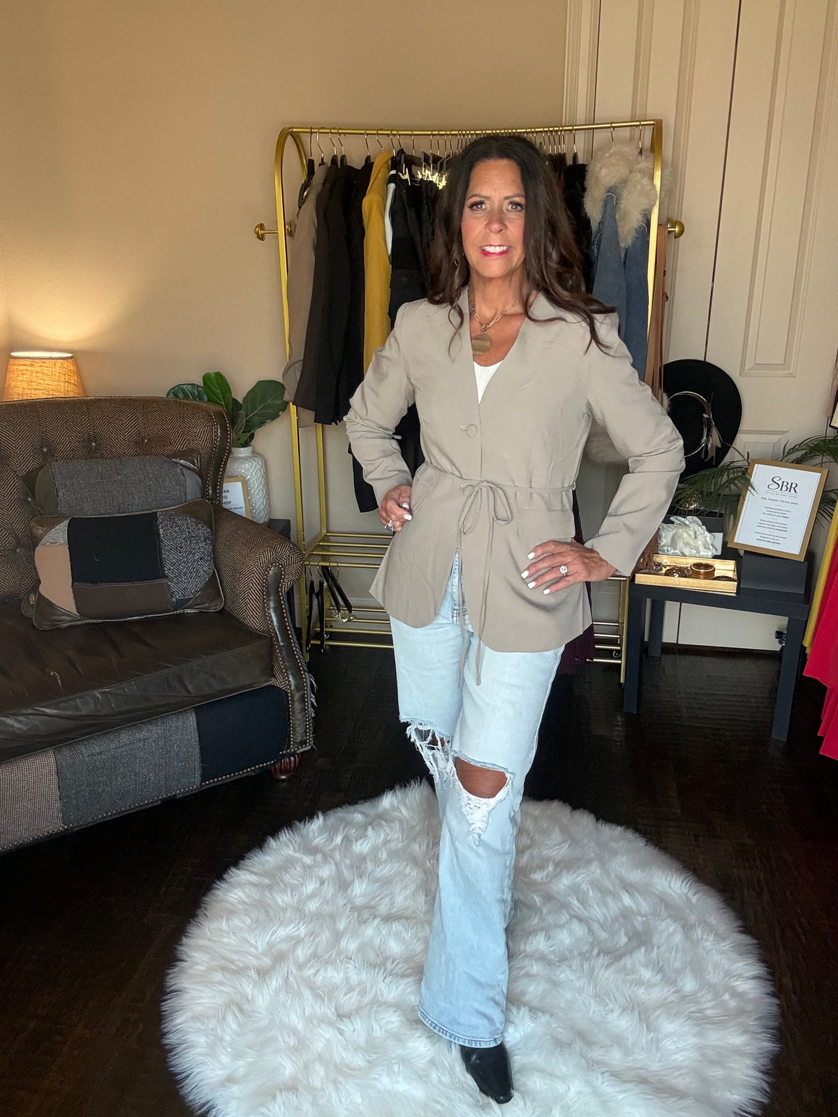 Taupe Perfect Layer Lightweight Tie Blazer styled with a white top, distressed light-wash jeans and black boots.