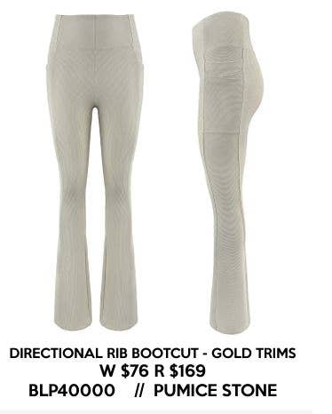 Beige ribbed bootcut pants with gold trims on a white background