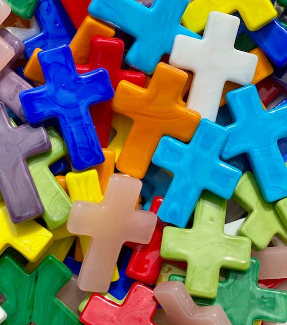 Glass crosses assorted colors as a symbol of faith and encouragement.