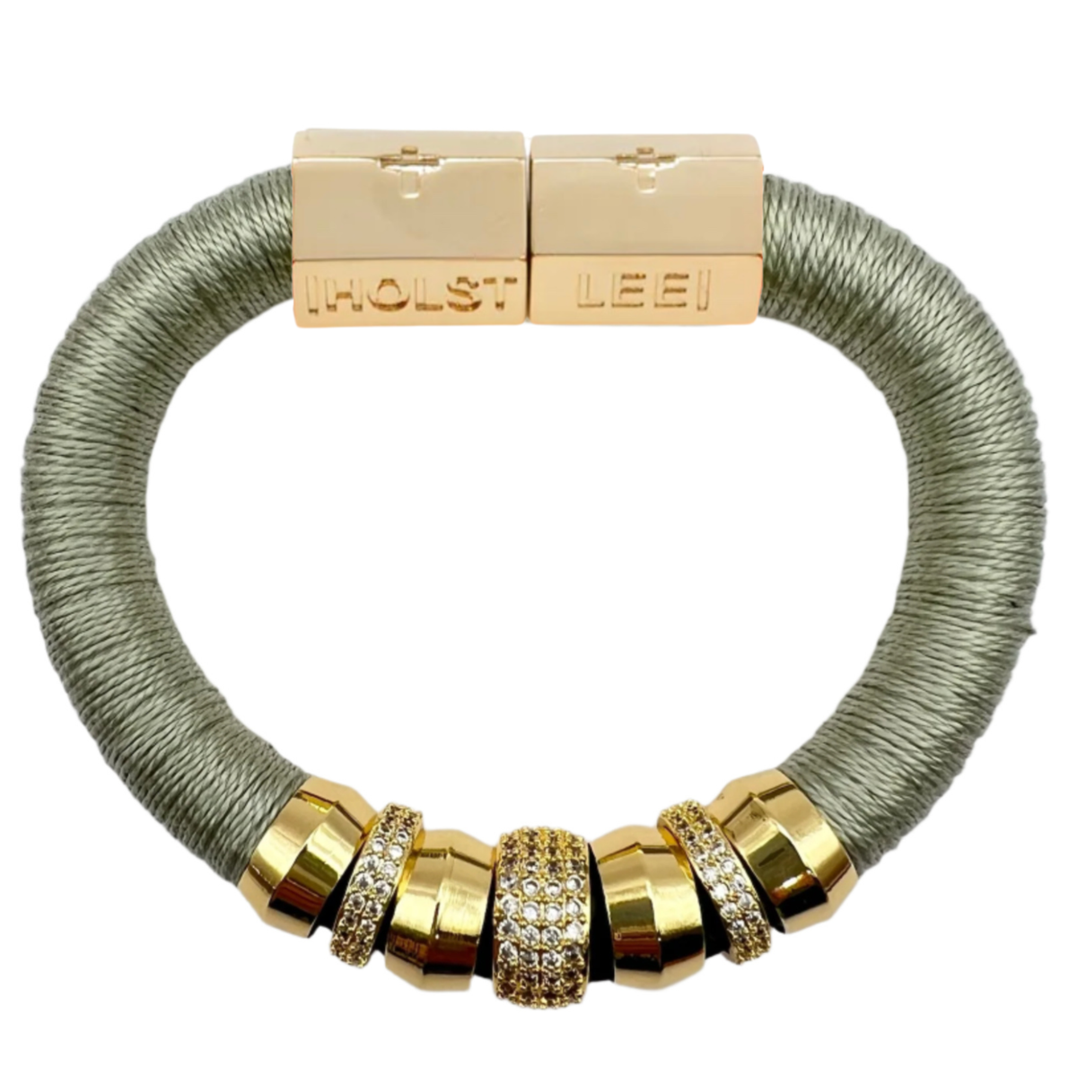 Holst + Lee Sage bracelet with gold beads and clasp on a white background