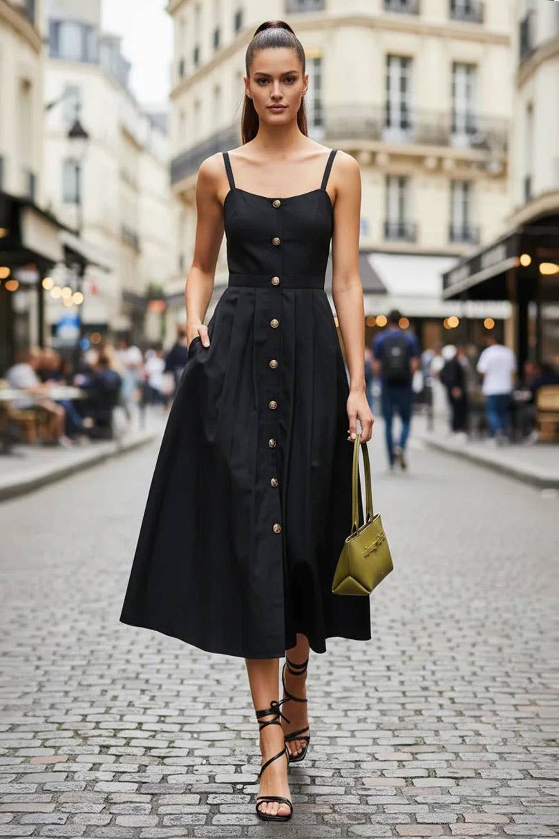 black dress with gold buttons Button Detail Midi Dress Black Black / M
