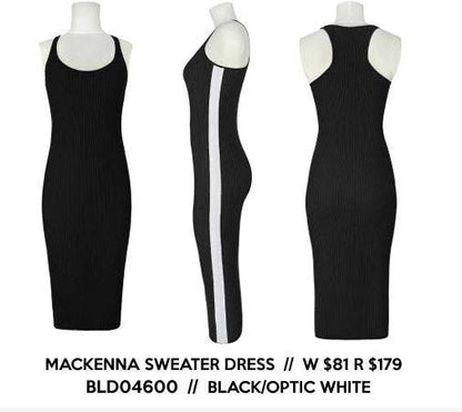 Black sweater dress with white stripe on a mannequin against a white background