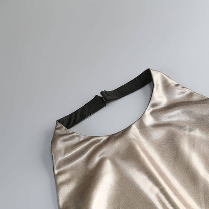 Gold metallic dress with black strap on a light gray background