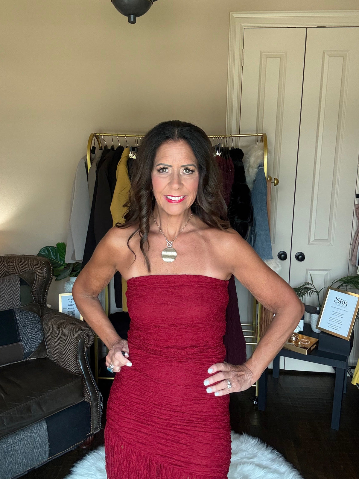 Red ruched strapless lace maxi dress