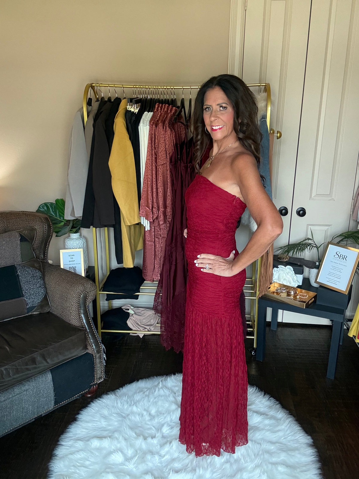 Red ruched strapless lace maxi dress