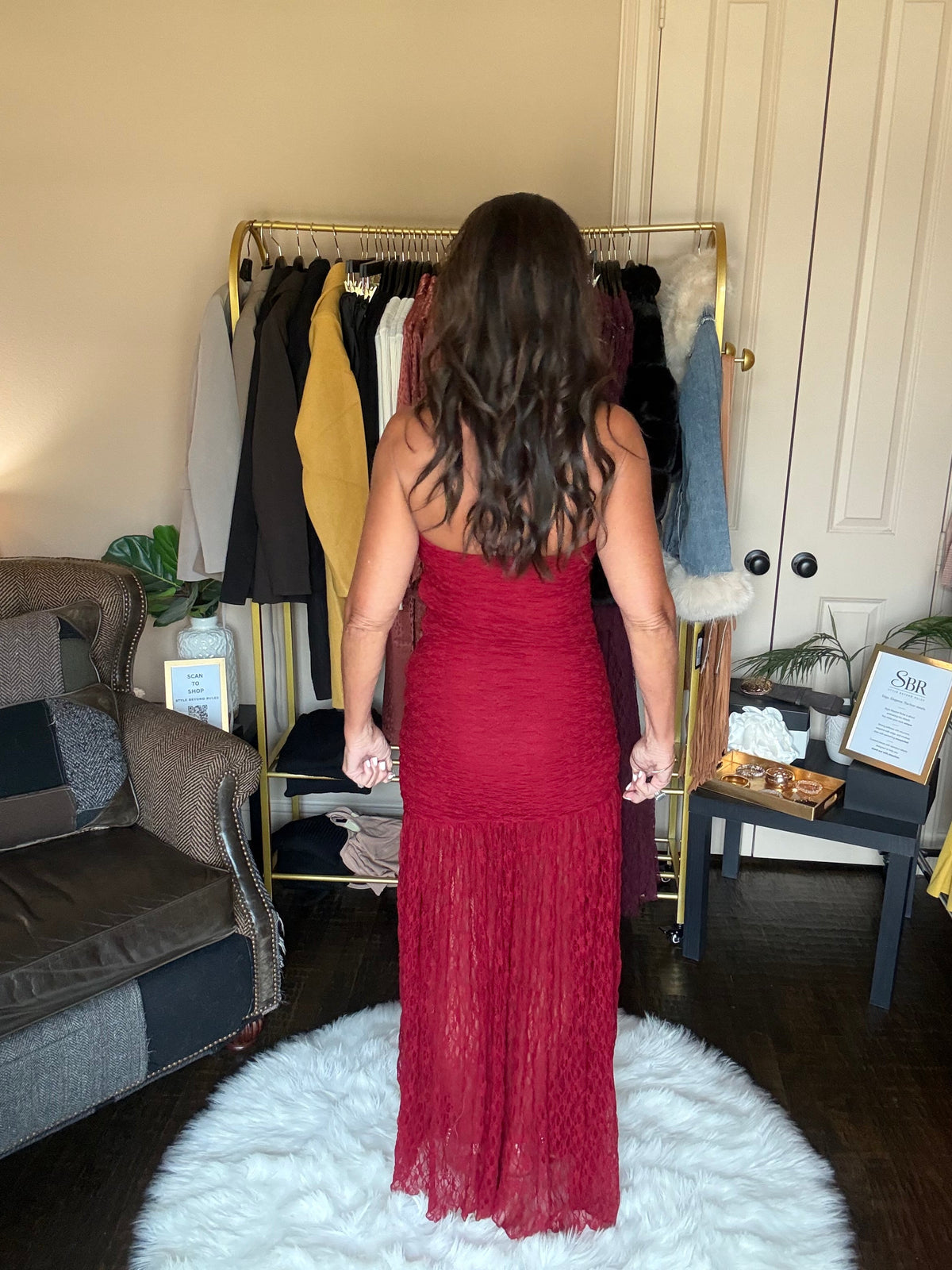 Red ruched strapless lace maxi dress