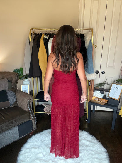 Red ruched strapless lace maxi dress