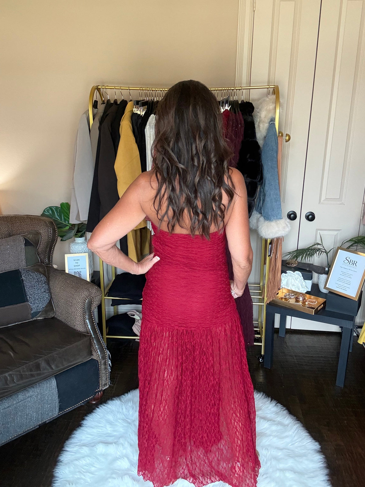 Red ruched strapless lace maxi dress