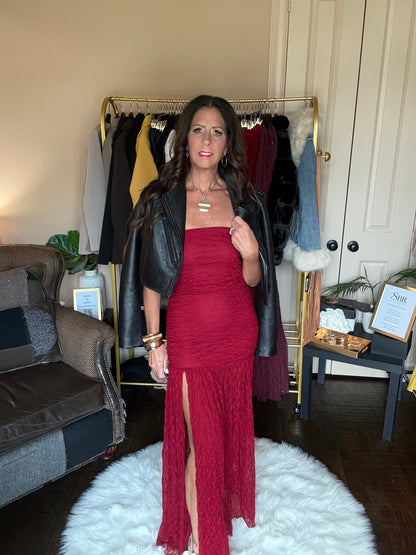 Red ruched strapless lace maxi dress