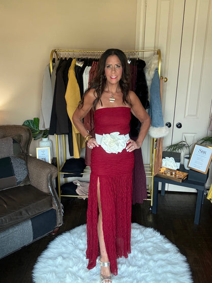 Red ruched strapless lace maxi dress
