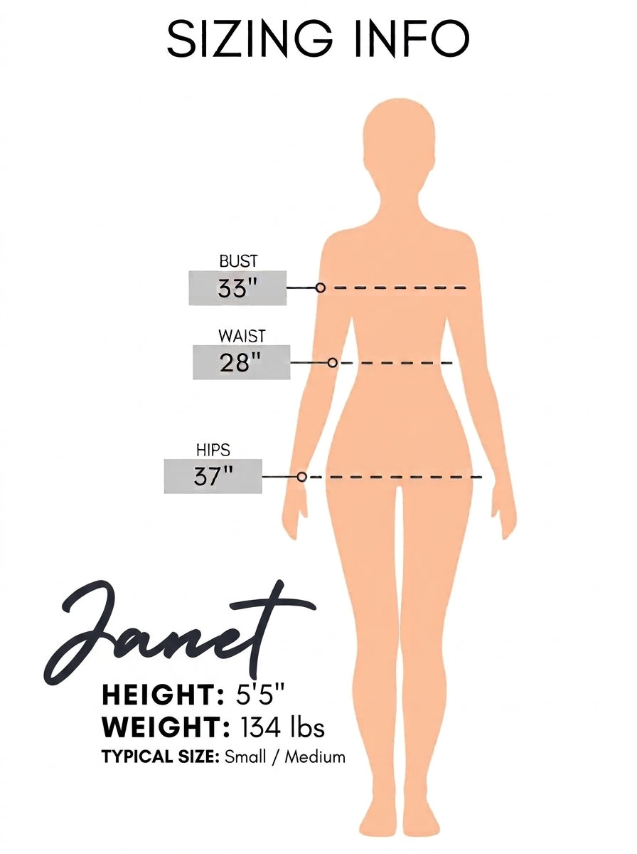 Janet’s measurements: height 5 feet 5 inches, weight 134 pounds, bust 33 inches, waist 28 inches, hips 37 inches. Typical size Small or Medium.