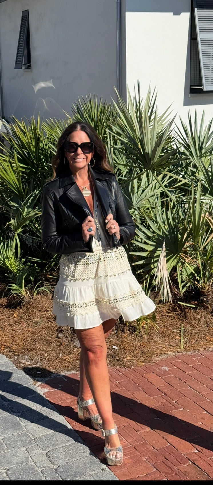 black lace dress and leather jacket Cropped Moto for all seasons edgy look layering – Style Beyond Rules style_chiffon