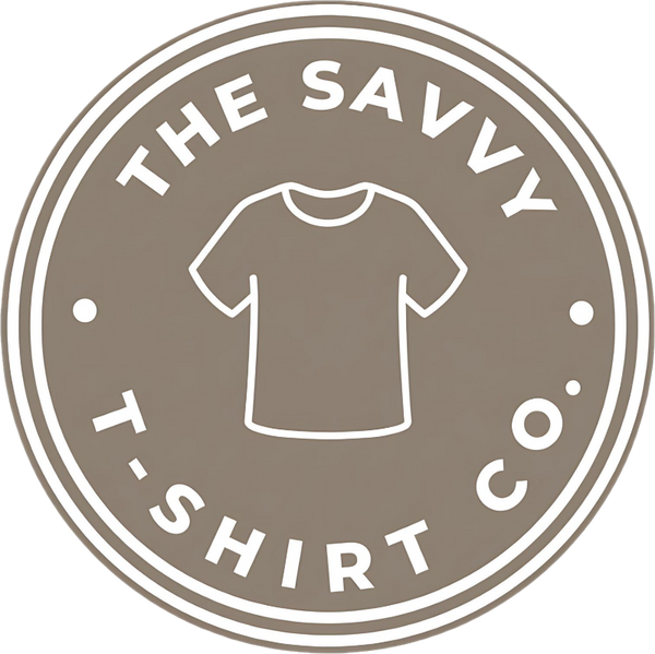 Logo of The Savvy T-Shirt Co. with a t-shirt icon on a brown background