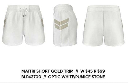 Three pairs of white shorts with gold trim on a white background