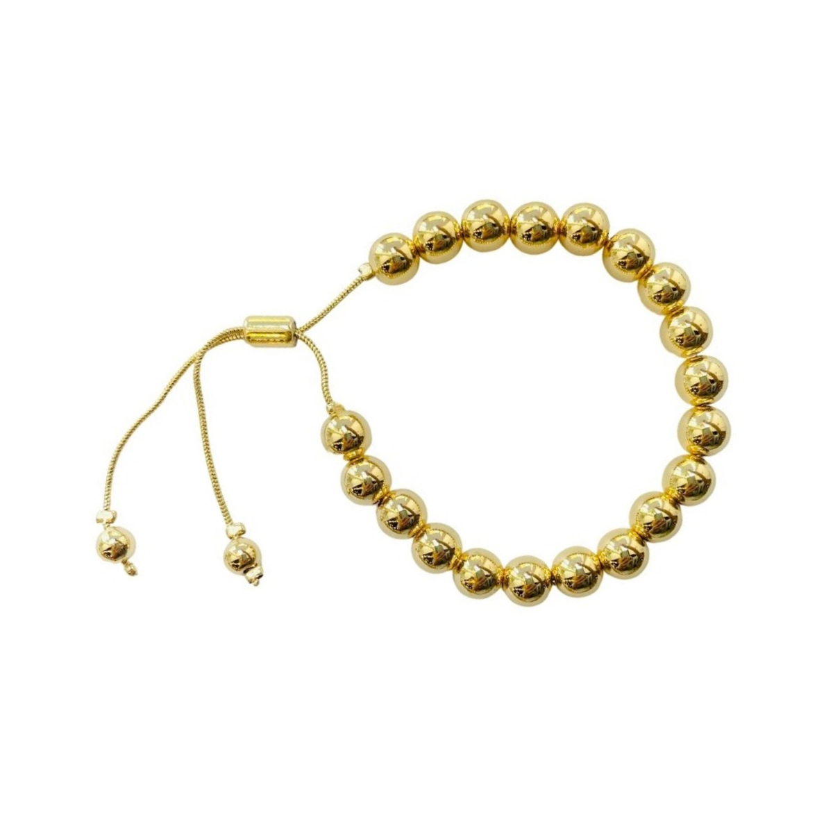 A gold beaded bracelet with an adjustable cord closure and small dangling bead charms, shown on a plain white background.